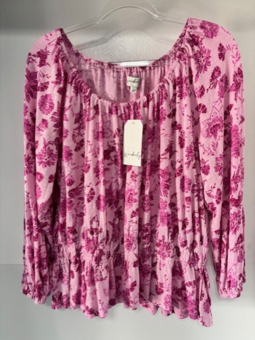 Wonderly NWT L Pink Floral Long Sleeve Peasant Top On Off Shoulder Boho Flowy - Picture 6 of 7